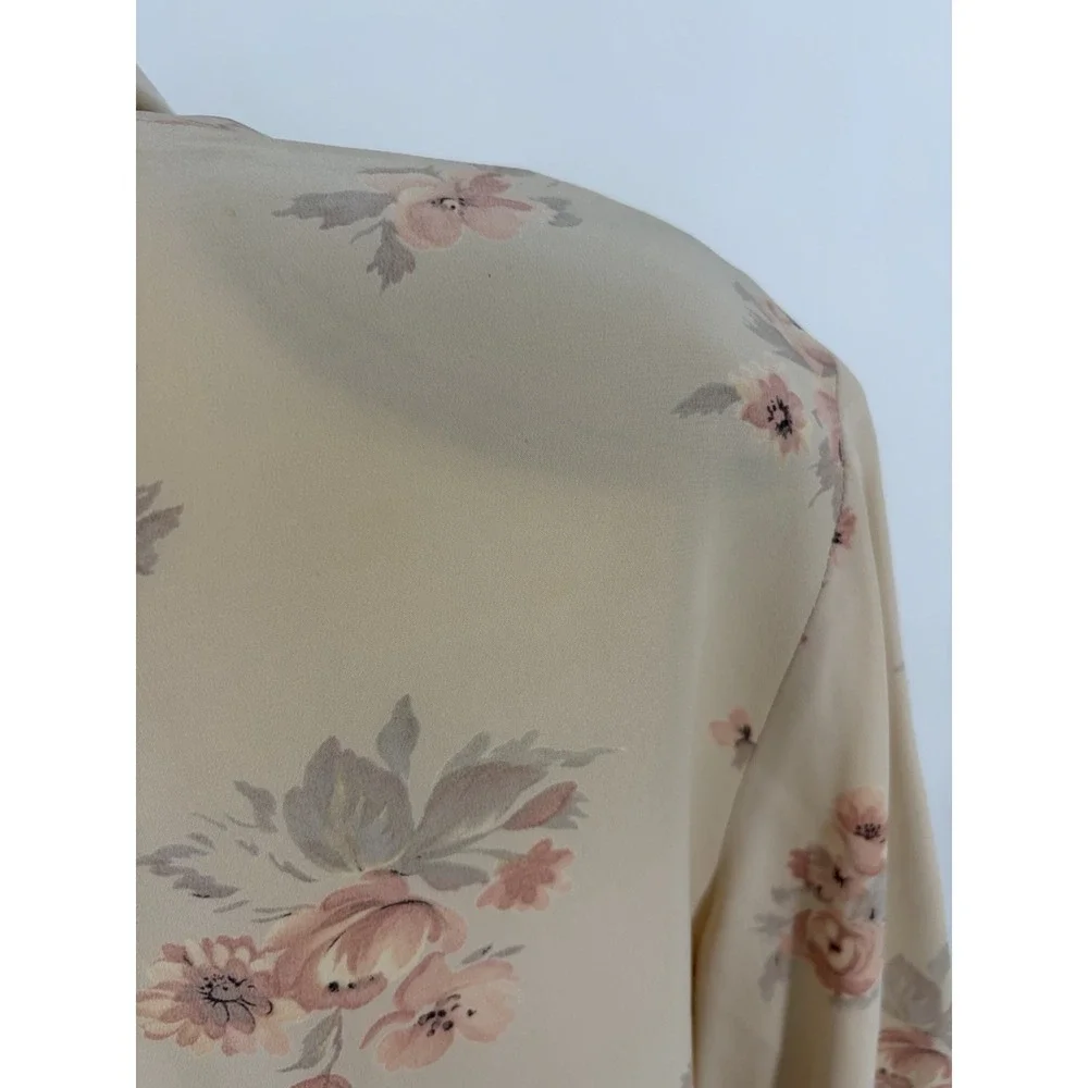 VIntage Silk Chiffon Floral Tie Neck Button Blouse Size 4 Beige Cottagecore